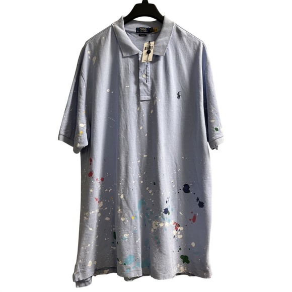 Polo Ralph Lauren Polo Men 3XLT Light Blue Distressed Paint Splatter Logo Preppy